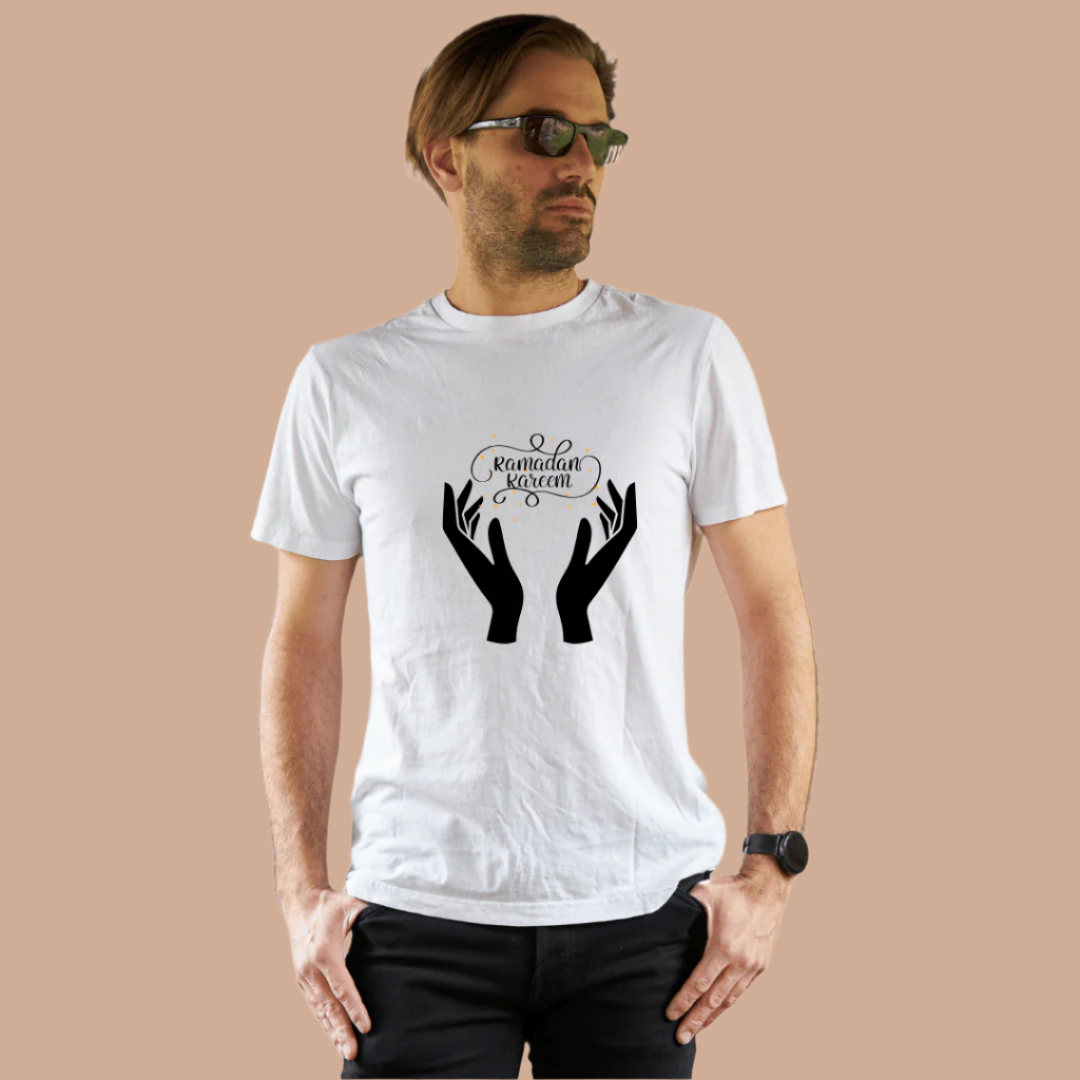 Ramadan Kareem T-Shirt, 100% White Cotton, Religious Design with Praying Hands